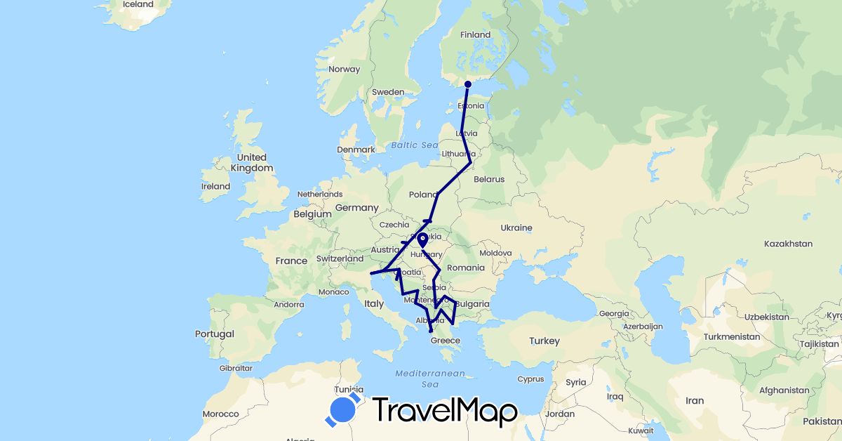 TravelMap itinerary: driving in Albania, Austria, Bosnia and Herzegovina, Bulgaria, Estonia, Finland, Greece, Croatia, Hungary, Italy, Lithuania, Latvia, Montenegro, Macedonia, Poland, Romania, Serbia, Slovenia, Slovakia, Kosovo (Europe)