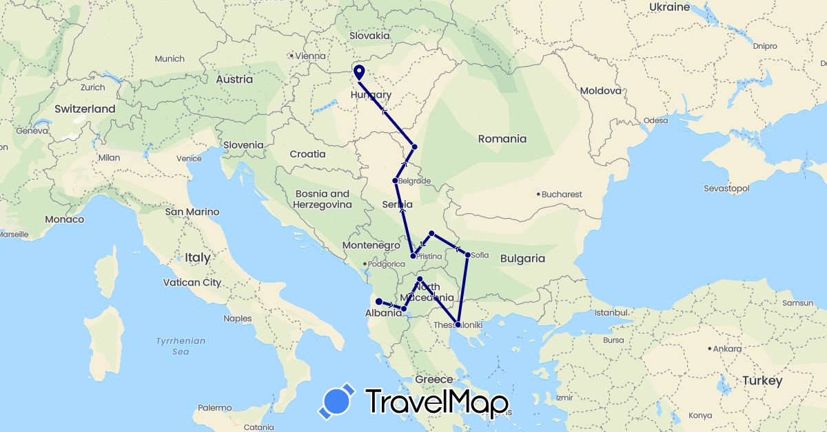 TravelMap itinerary: driving in Albania, Bulgaria, Greece, Hungary, Macedonia, Romania, Serbia, Kosovo (Europe)