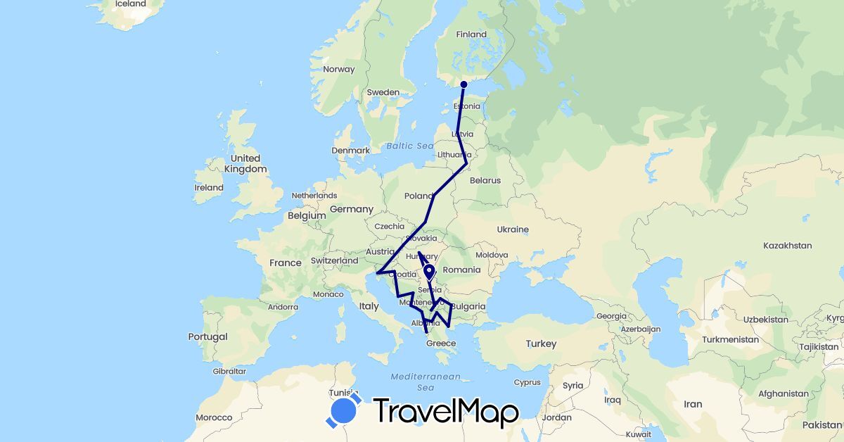 TravelMap itinerary: driving in Albania, Bosnia and Herzegovina, Bulgaria, Estonia, Finland, Greece, Croatia, Hungary, Italy, Lithuania, Latvia, Montenegro, Macedonia, Poland, Romania, Serbia, Slovenia, Slovakia, Kosovo (Europe)